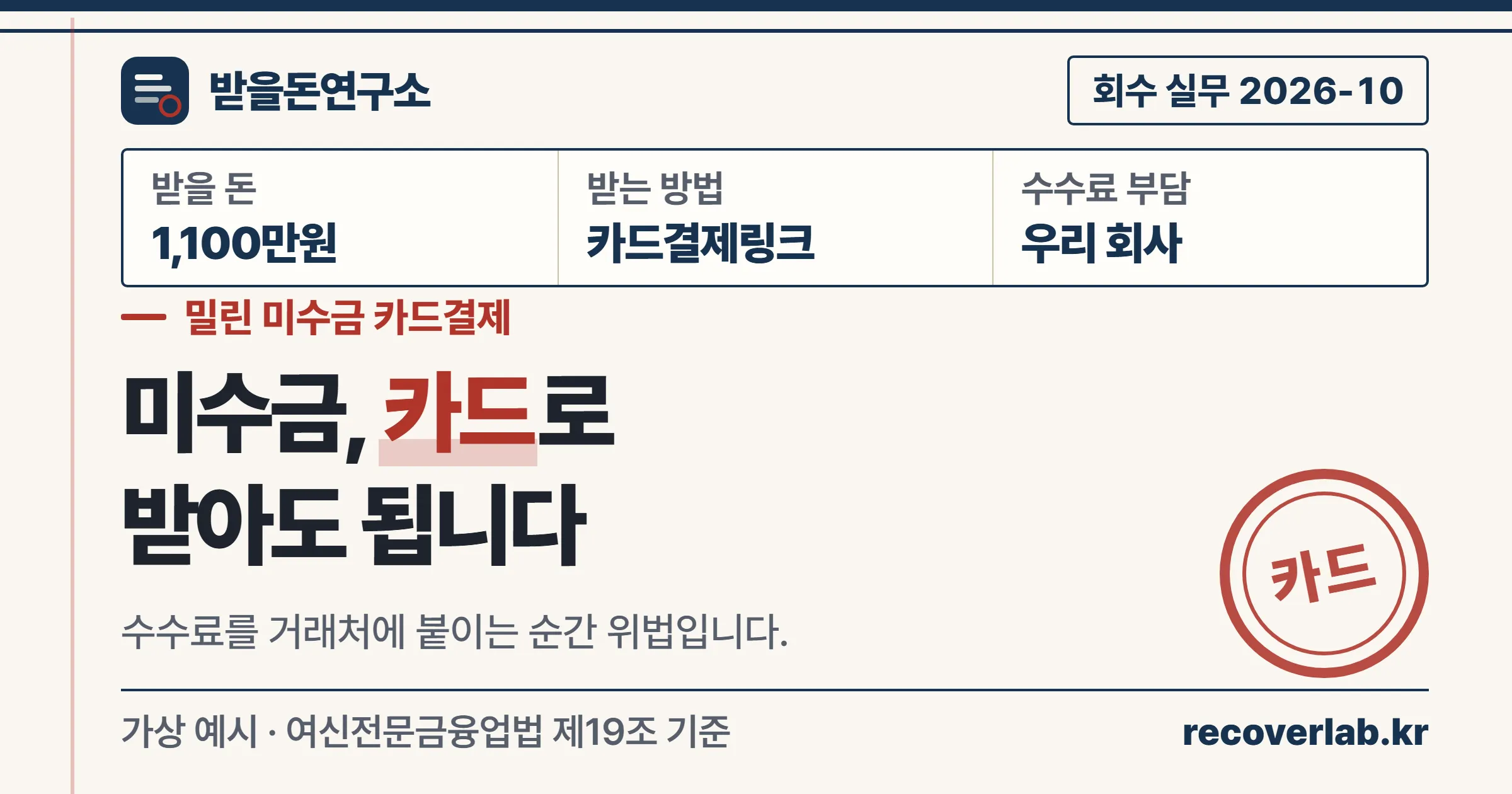 밀린 미수금을 카드결제링크로 받을 수 있지만 수수료는 거래처에 넘길 수 없다는 받을돈연구소 표지