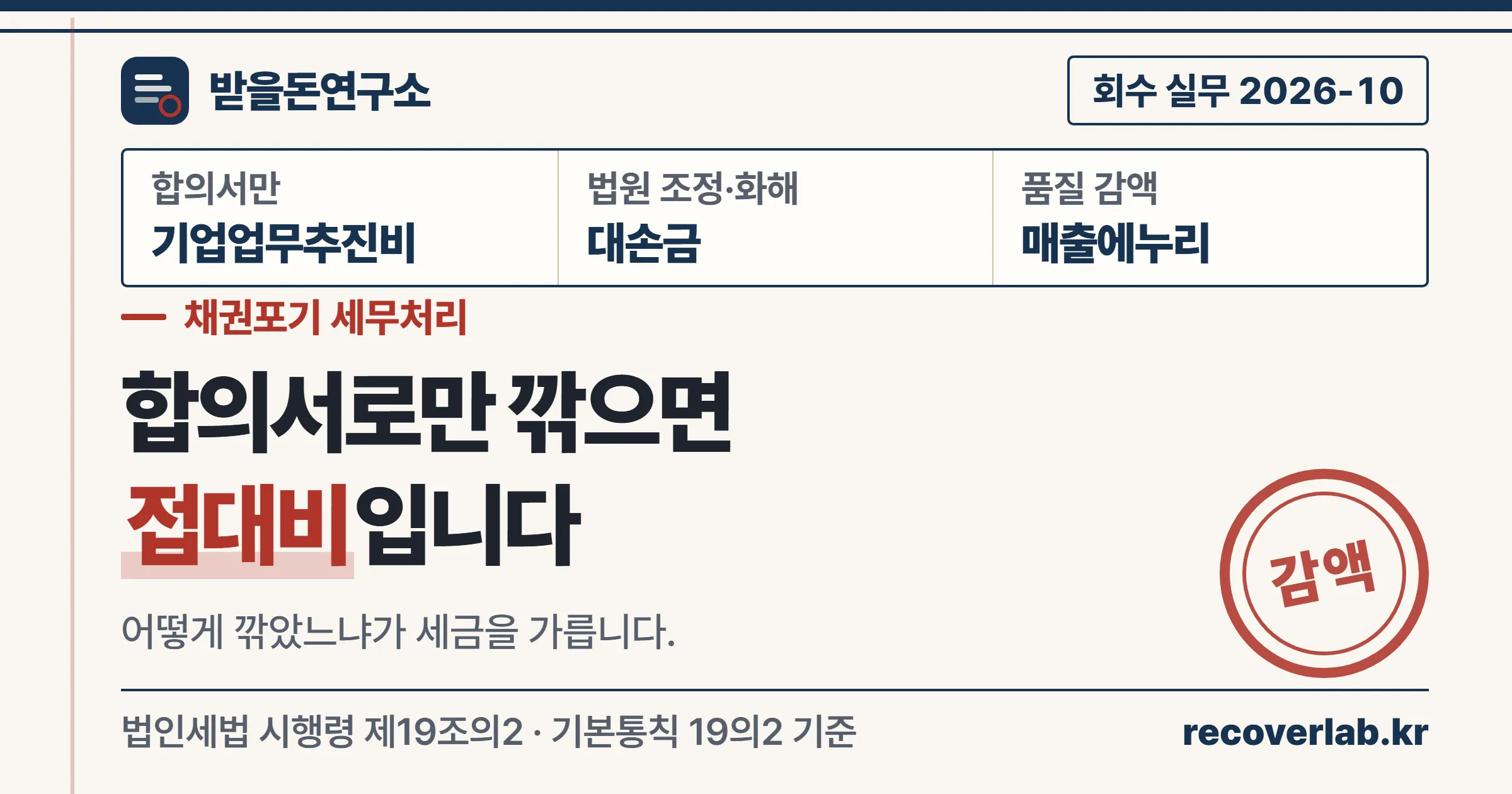 거래처 미수금을 합의서만으로 깎아 주면 대손금이 아니라 기업업무추진비가 되고 법원 조정을 거치면 대손금이 된다는 받을돈연구소 표지