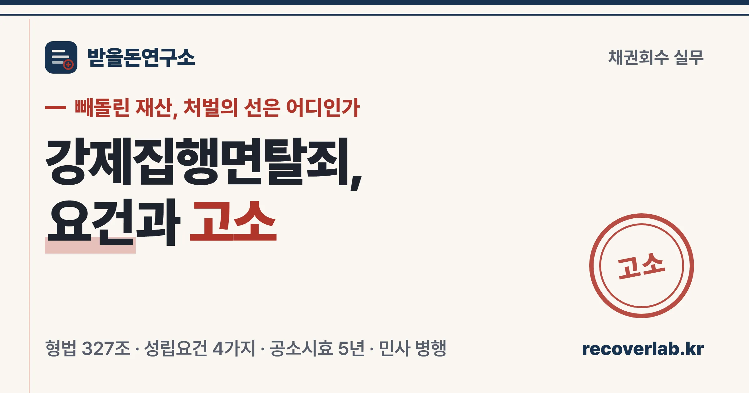 채무자가 재산을 빼돌렸을 때 성립하는 강제집행면탈죄의 요건과 고소 절차를 장부와 도장으로 표현한 표지 이미지