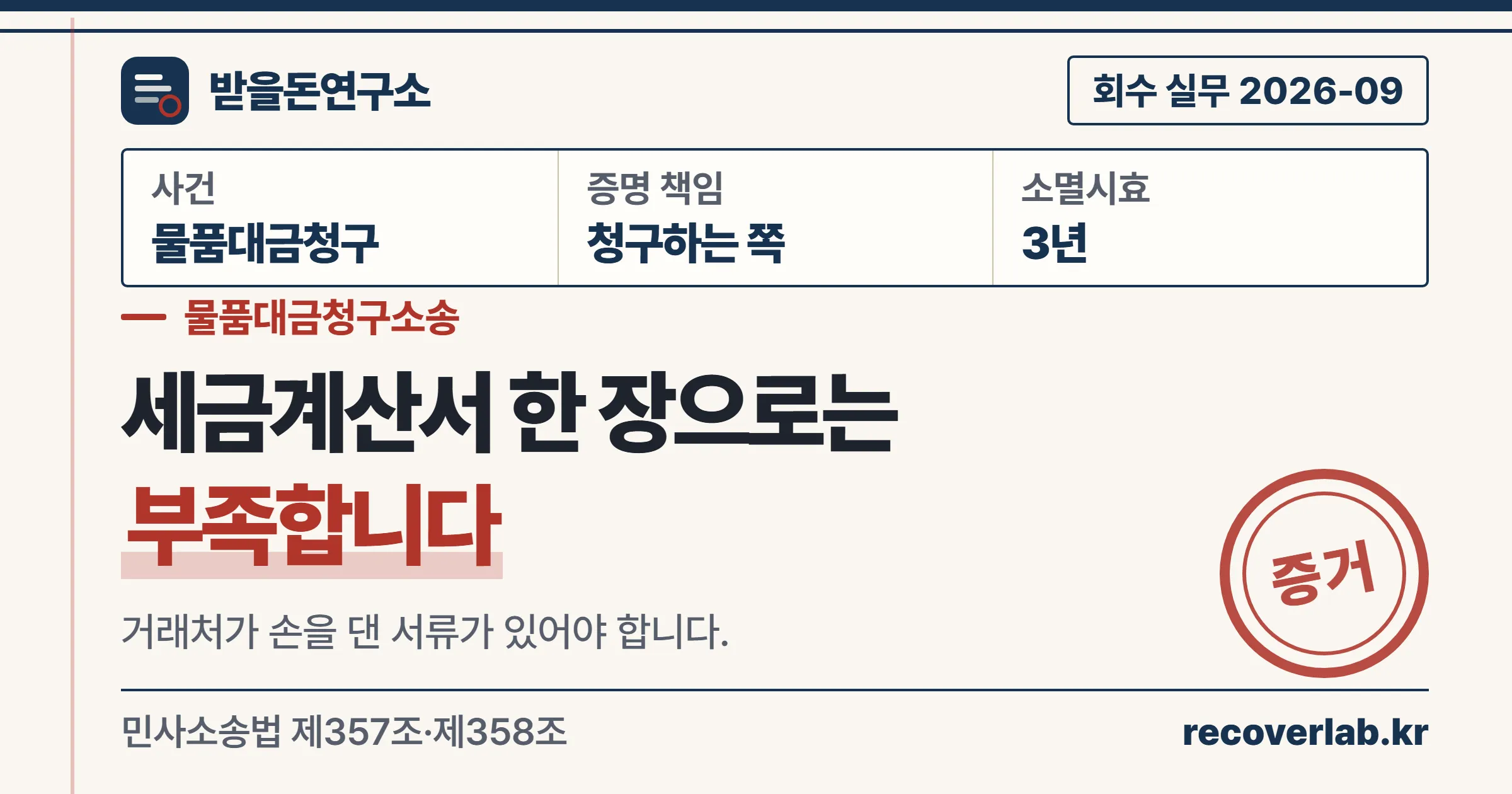 물품대금청구소송에서 세금계산서만으로는 부족하고 서명 있는 거래명세표와 주문 기록, 입금 내역이 함께 필요하다는 받을돈연구소 표지