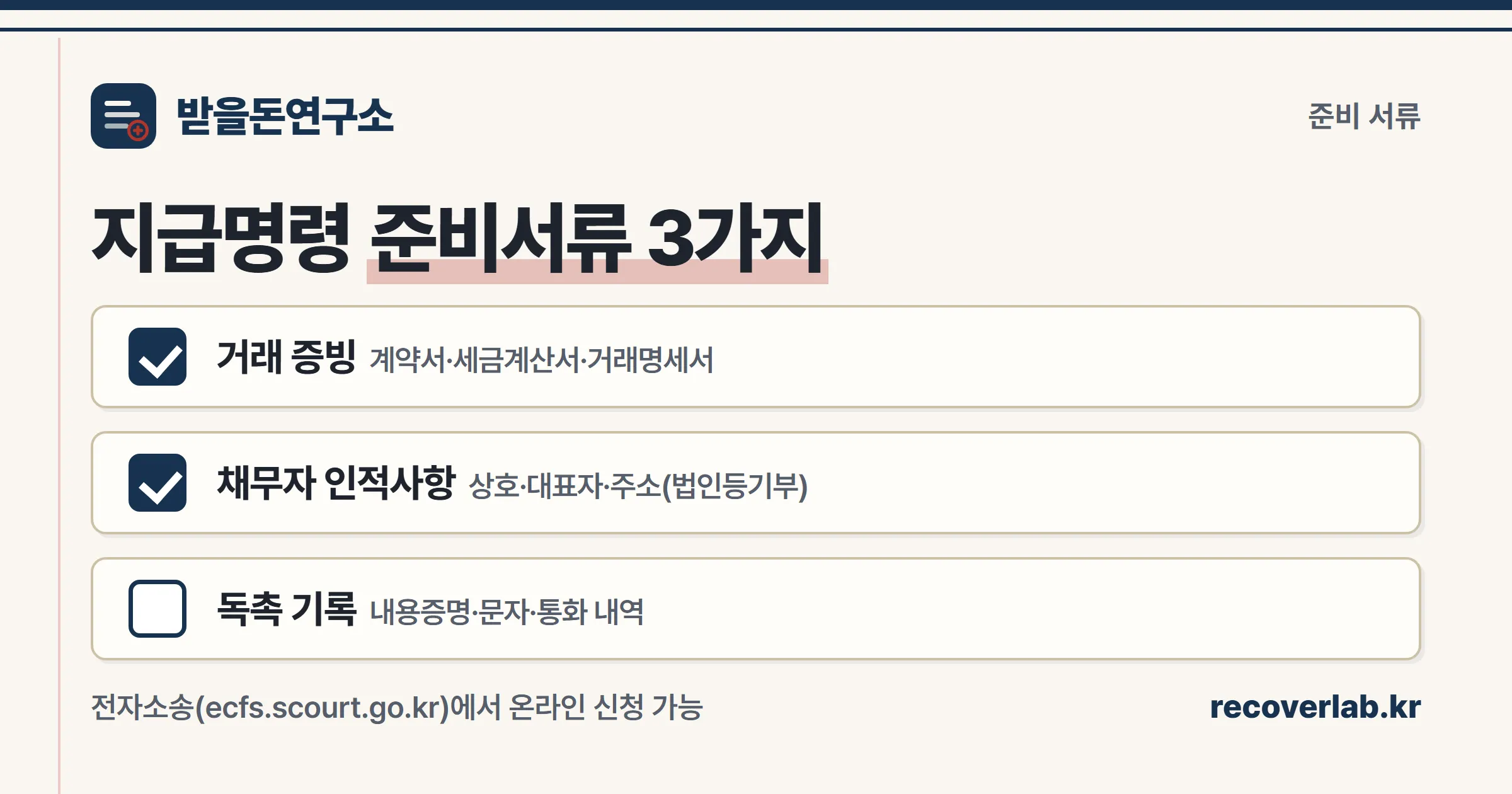 거래 증빙·채무자 인적사항·독촉 기록 등 지급명령 신청 준비서류 3가지를 정리한 체크리스트