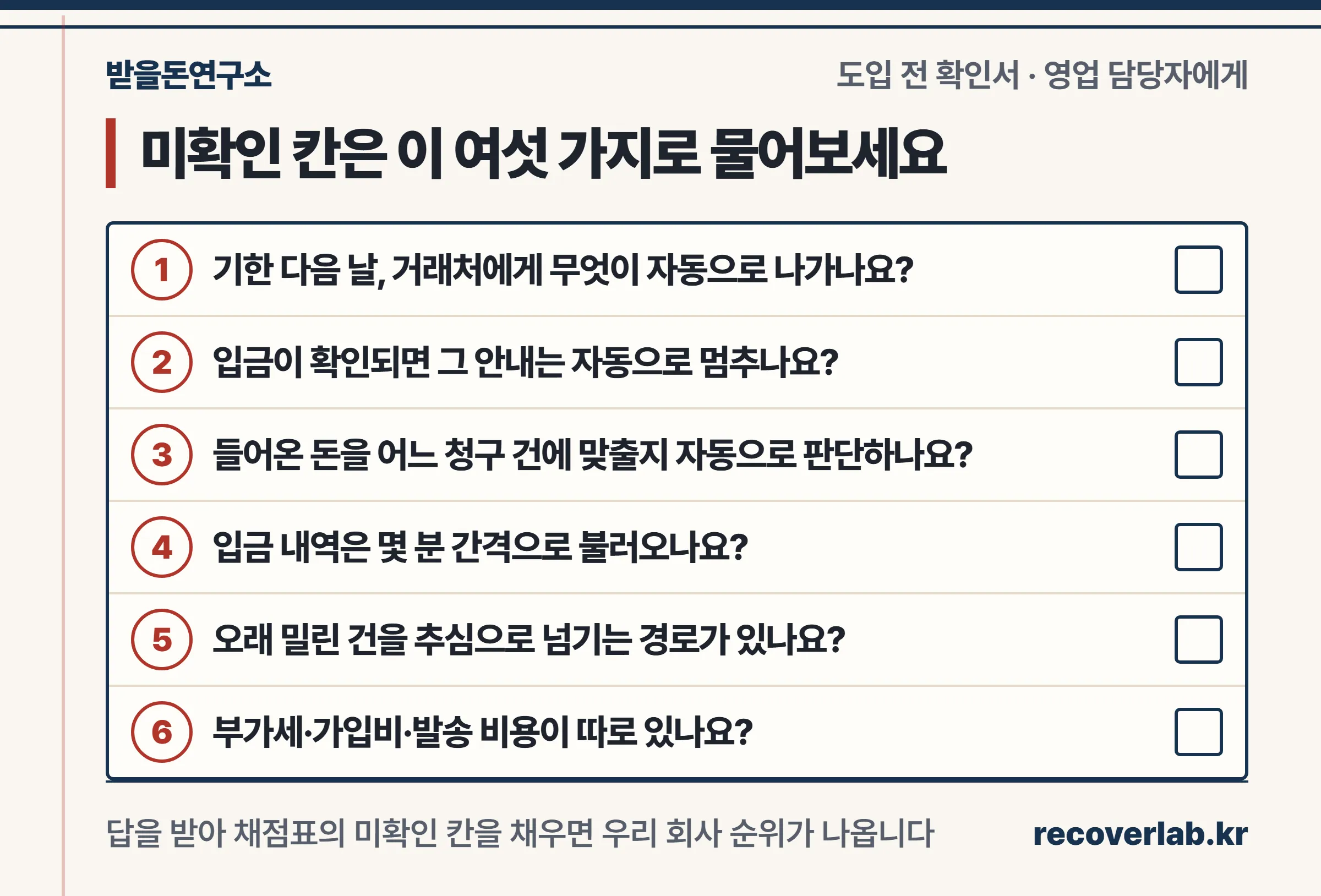 도입 전 영업 담당자에게 물어볼 여섯 가지 질문을 서류 양식 칸에 적은 체크리스트 이미지