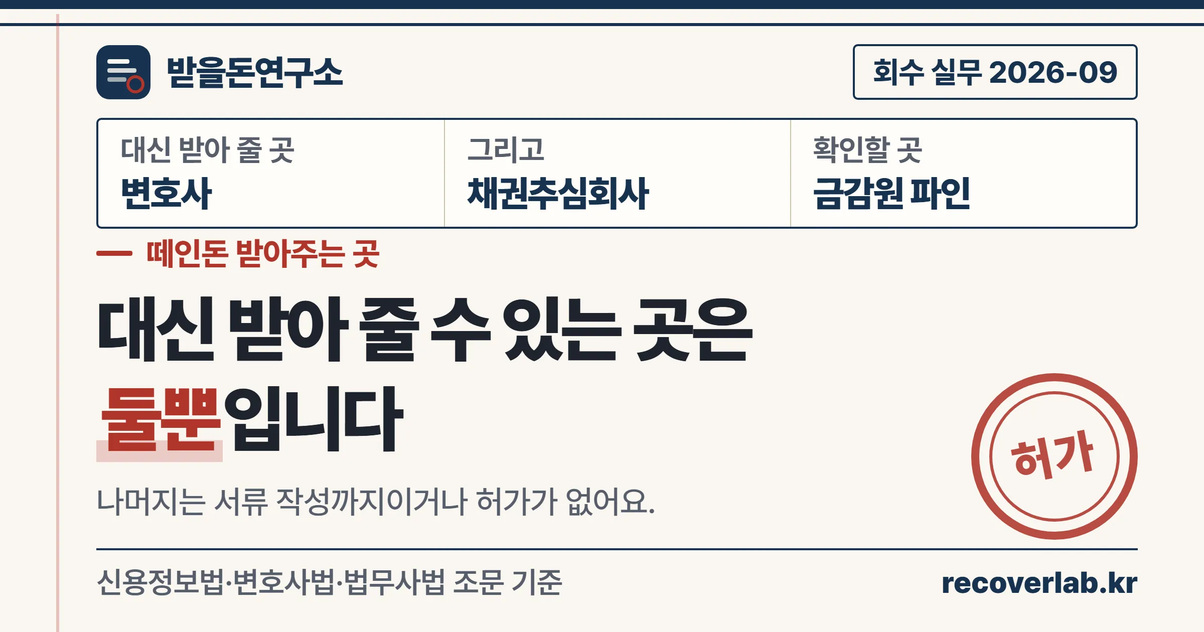 떼인 돈을 대신 받아 줄 수 있는 곳은 변호사와 허가받은 채권추심회사 둘뿐이라는 받을돈연구소 표지